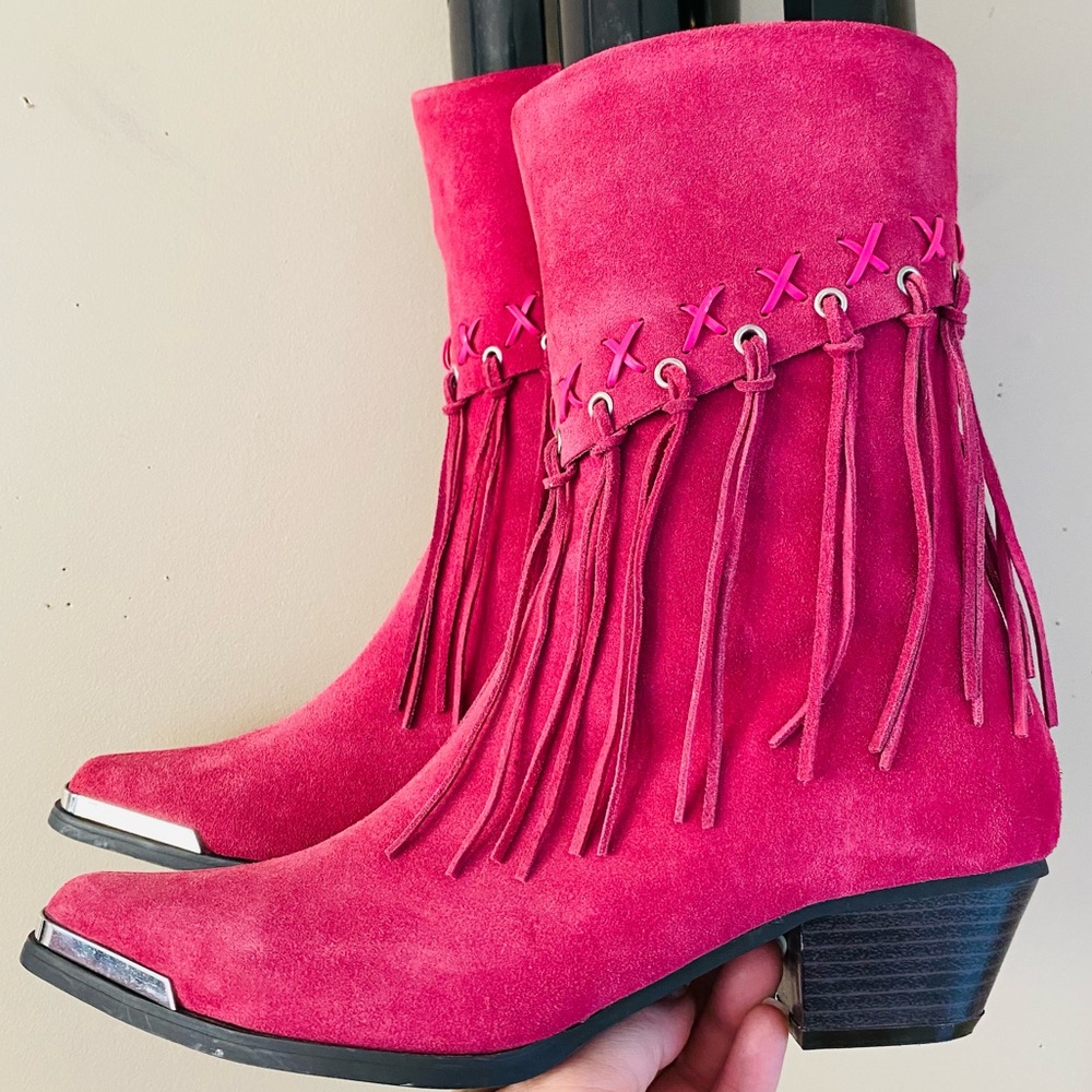 Suede Fringe Ankle Boots - Pink - Picture 2 of 16